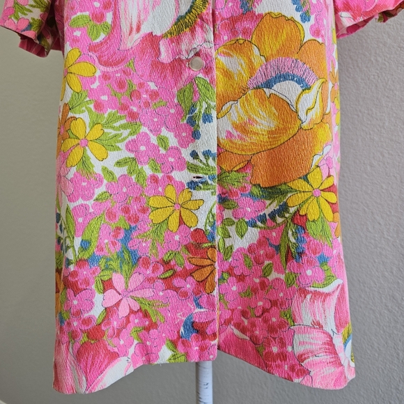 Vintage VTG Hamilton 8 Dallas Hot Pink Floral Button Down Top - Picture 4 of 12